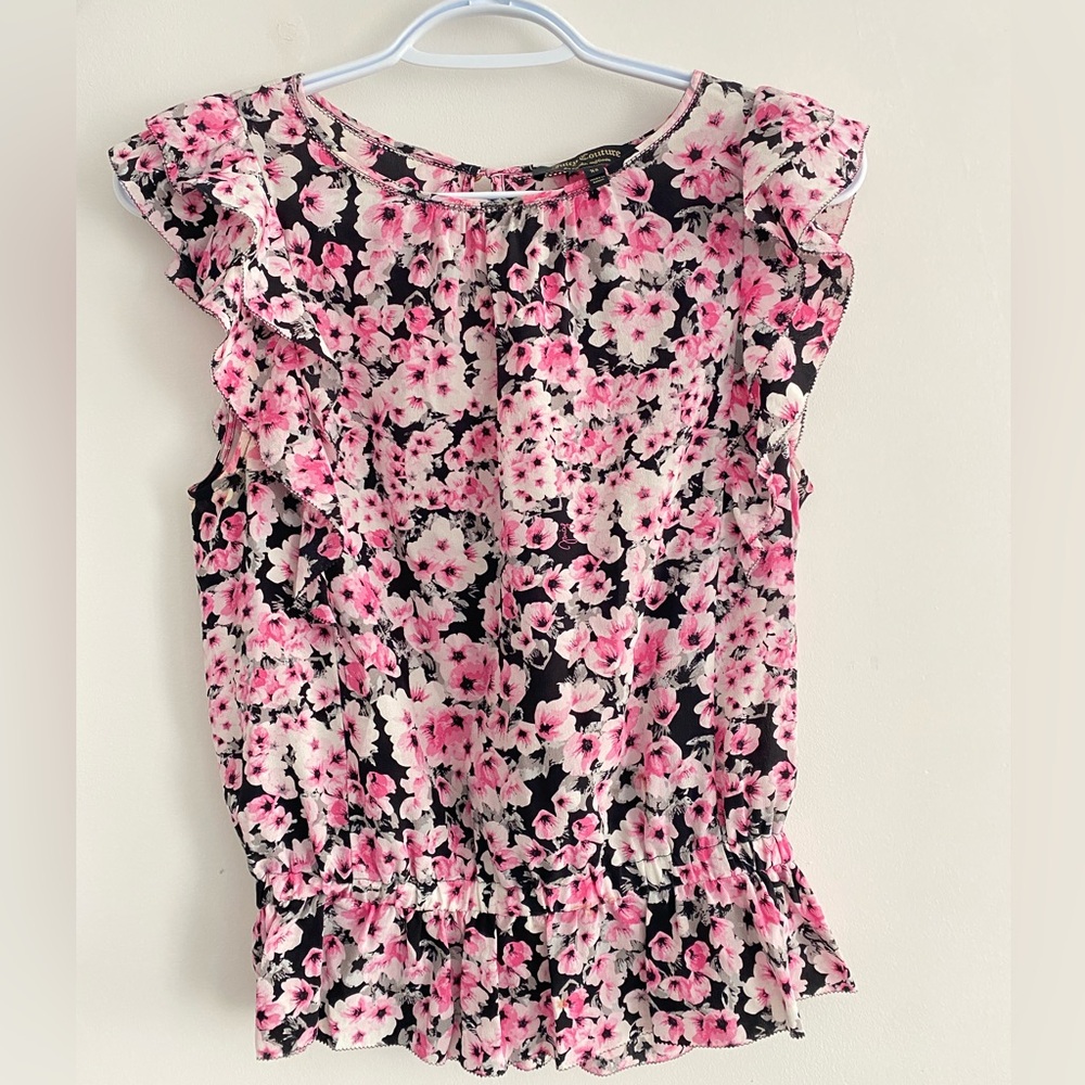 Juicy Couture Flowery Pink & Black Blouse XS
